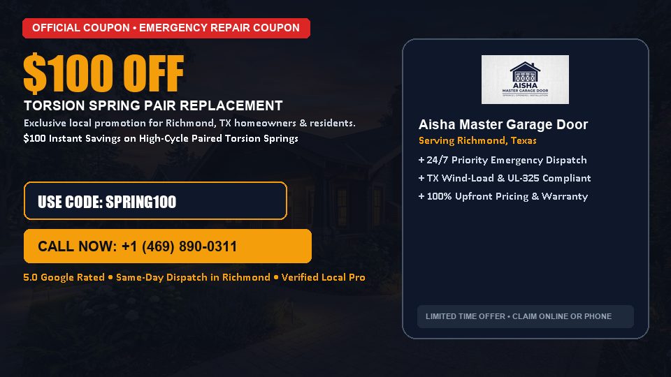 $100 OFF Dual High-Cycle Torsion Spring Replacement in Richmond, TX - Aisha Master Garage Door