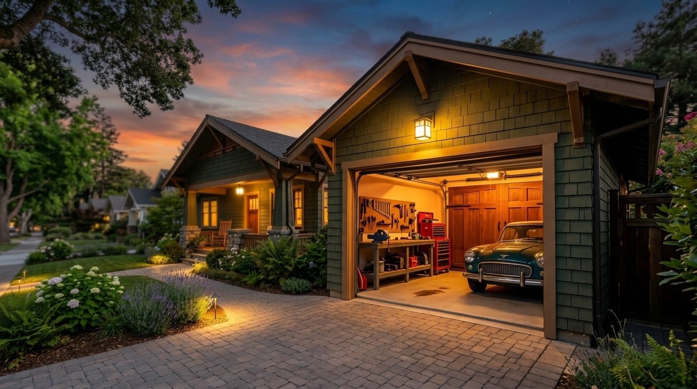 Aisha Master Garage Door Garage Door Gliding Open Revealing Warm Illuminated Interior